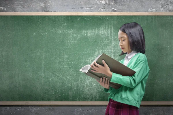 Ázsiai Kislány Állt Olvasta Könyvet Osztályteremben Vissza Iskolába Koncepció — Stock Fotó