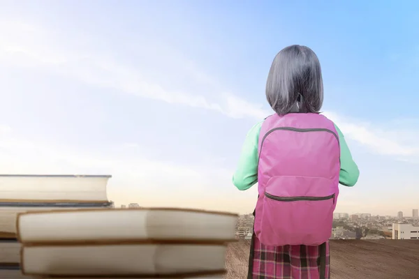 Rückansicht Eines Asiatischen Mädchens Mit Rucksack Stehen Zurück Zum Schulkonzept — Stockfoto