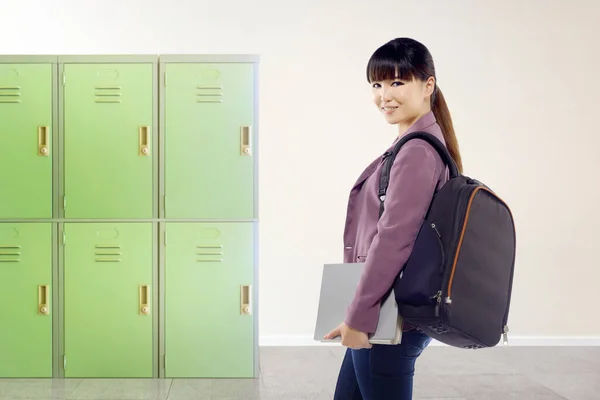 Aziatische Student Vrouw Met Rugzak Boek School Terug Naar School — Stockfoto