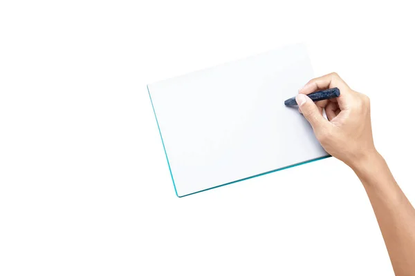 Mão Com Desenho Lápis Cor Livro Isolado Sobre Fundo Branco — Fotografia de Stock