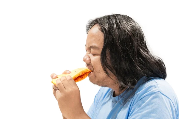 Asian Man Eating Sandwich Isolated White Background — Stock Photo, Image