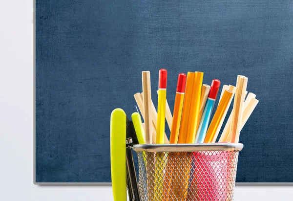 Pencil Stapler Stationary Basket Chalkboard Background Back School Concept — Stock Photo, Image