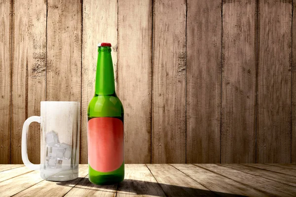 Μπουκαλάκι Μπύρας Και Άδειο Ποτήρι Παγάκια Στο Τραπέζι Μπύρα Για — Φωτογραφία Αρχείου
