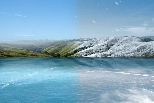 Lake and green hills with winter and summer climate. Concept of changing the environment