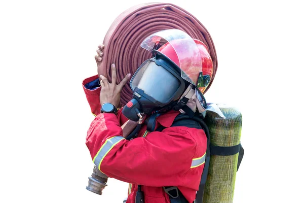 Tűzoltó Ruhás Tűzoltók Akik Fehér Háttér Felett Elszigetelt Víztömlőt Viselnek — Stock Fotó