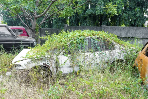 Покинутий Зламаний Білий Автомобіль Через Аварію Газоні — стокове фото