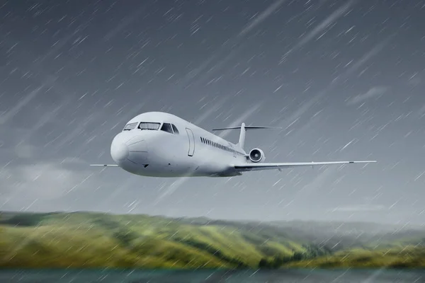 雨天在空中飞行的飞机 — 图库照片