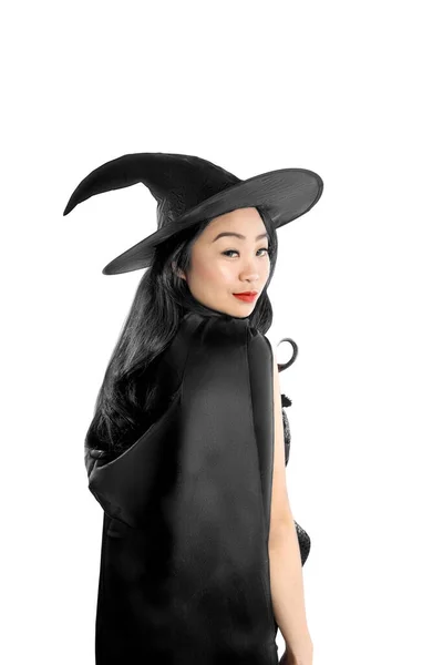 Asiatique Sorcière Femme Avec Chapeau Isolé Sur Fond Blanc — Photo