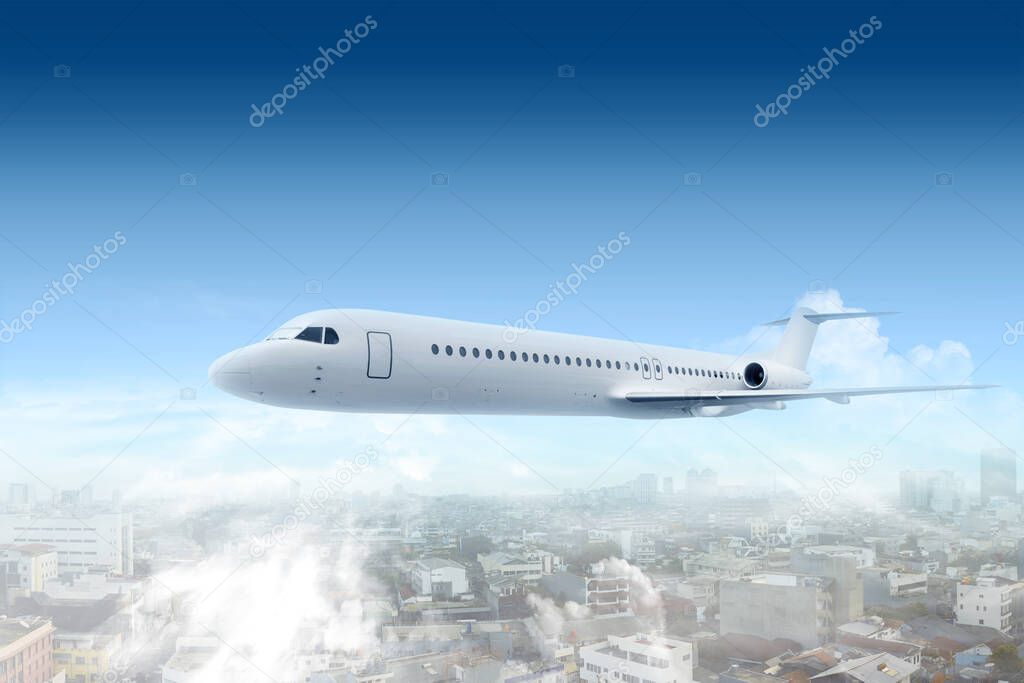 Airplane flying in the air with a blue sky scene
