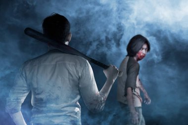 Elinde beyzbol sopası olan Asyalı bir adam sisli arka planda zombilerle karşı karşıya.