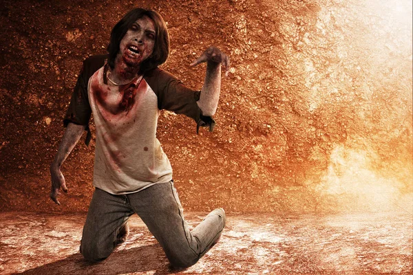 Enge Zombie Met Bloed Wond Zijn Lichaam Kruipend Vloer Met — Stockfoto