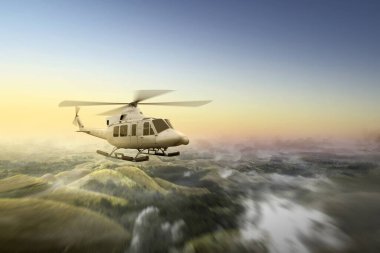 Arka planda bulutlu bir manzaraya sahip havada uçan bir helikopter.