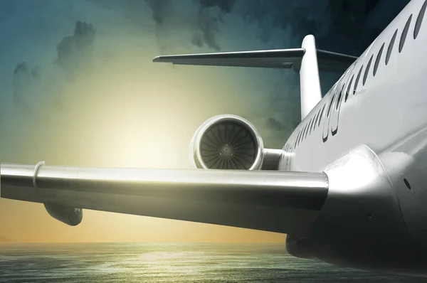 Flygplan Som Flyger Luften Ovanför Havet Med Molnlandskap Bakgrund — Stockfoto
