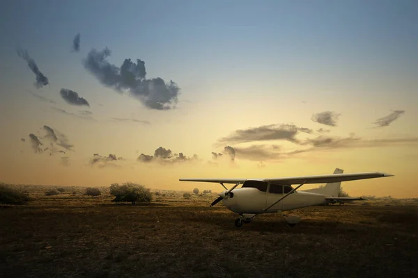 Aereo Sul Prato Con Sfondo Alba — Foto Stock