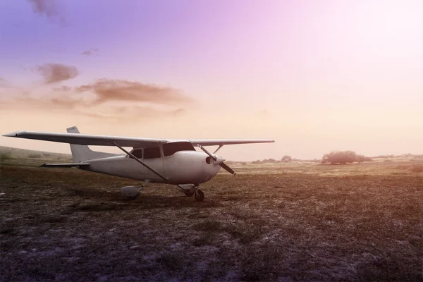 Літак Лужному Полі Драматичним Фоном Неба — стокове фото