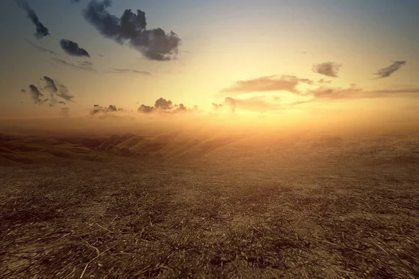 Tepeleri Günbatımı Arkaplanı Olan Çayır Tarlası — Stok fotoğraf