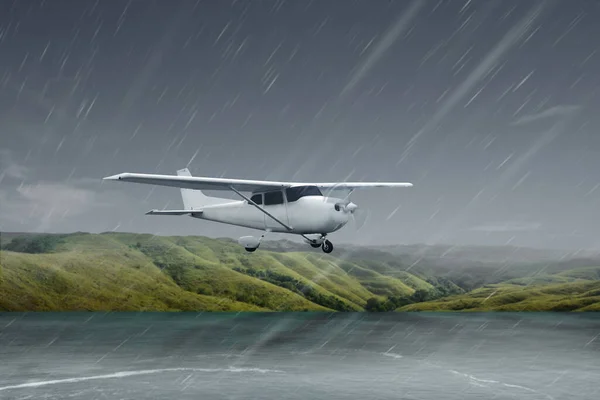 有雨天在空中飞行的飞机 — 图库照片