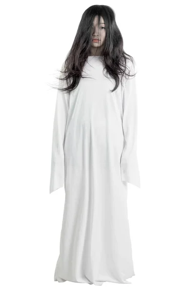Gruselige Geisterfrau Die Isoliert Vor Weißem Hintergrund Steht Halloween Konzeption — Stockfoto