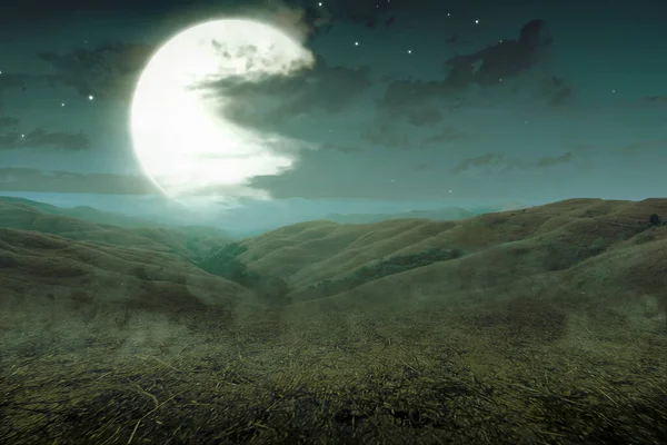 Spookachtige Heuvels Met Nacht Scene Achtergrond — Stockfoto