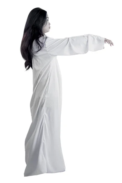 Scary Ghost Woman Standing Isolated White Background Halloween Concept — Stock Photo, Image