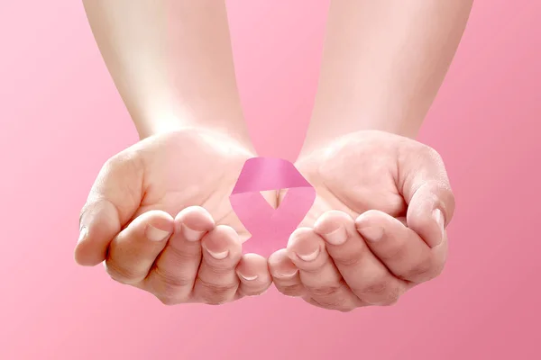 Human Hands Showing Pink Awareness Ribbon Breast Cancer Awareness — Stock Photo, Image