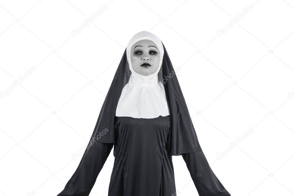 Scary devil nun isolated over white background