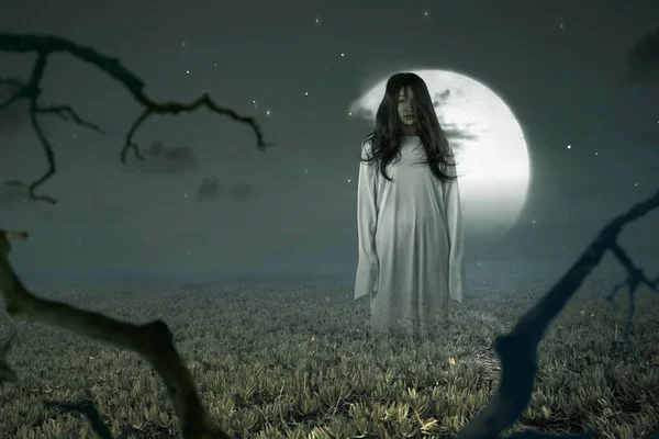 Mujer Fantasma Miedo Pie Con Fondo Escena Nocturna Concepto Halloween — Foto de Stock