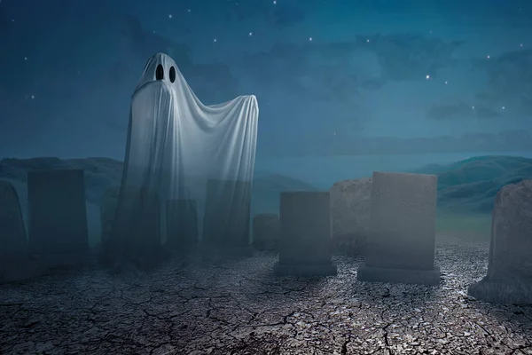 White Ghost Haunting Graveyard Halloween Concept — Stock Photo, Image