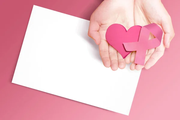 Human Hands Showing Pink Awareness Ribbon Heart Empty Paper Breast — Stock Photo, Image