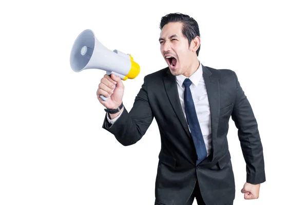 Asian Businessman Shout Megaphone Isolated White Background — Stock Photo, Image