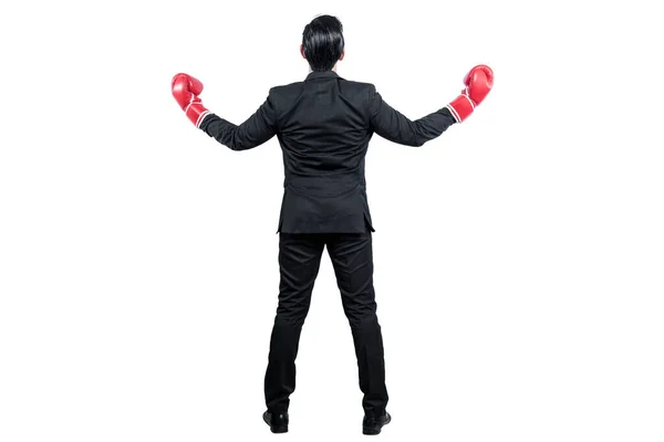 Bakifrån Asiatisk Affärsman Med Röda Boxningshandskar Isolerade Över Vit Bakgrund — Stockfoto