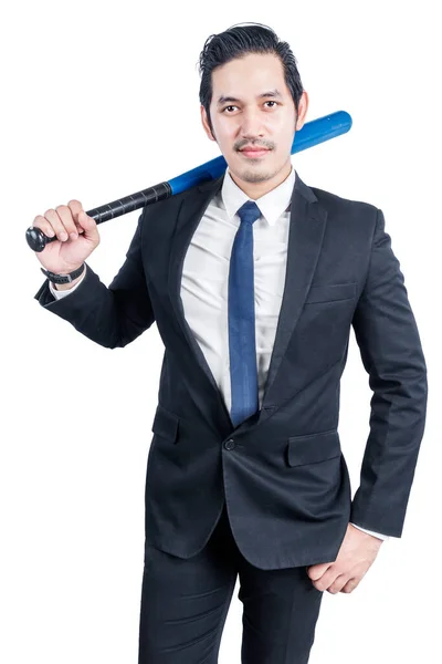 Asiatico Uomo Affari Tenendo Baseball Pipistrello Isolato Bianco Sfondo — Foto Stock