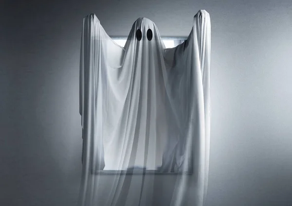Ein Weißer Geist Spukt Durch Das Verlassene Haus Halloween Konzept — Stockfoto