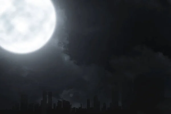 Sylwetka Pejzaży Miejskich Pełnią Księżyca Tłem Sceny Nocnej Koncepcja Halloween — Zdjęcie stockowe