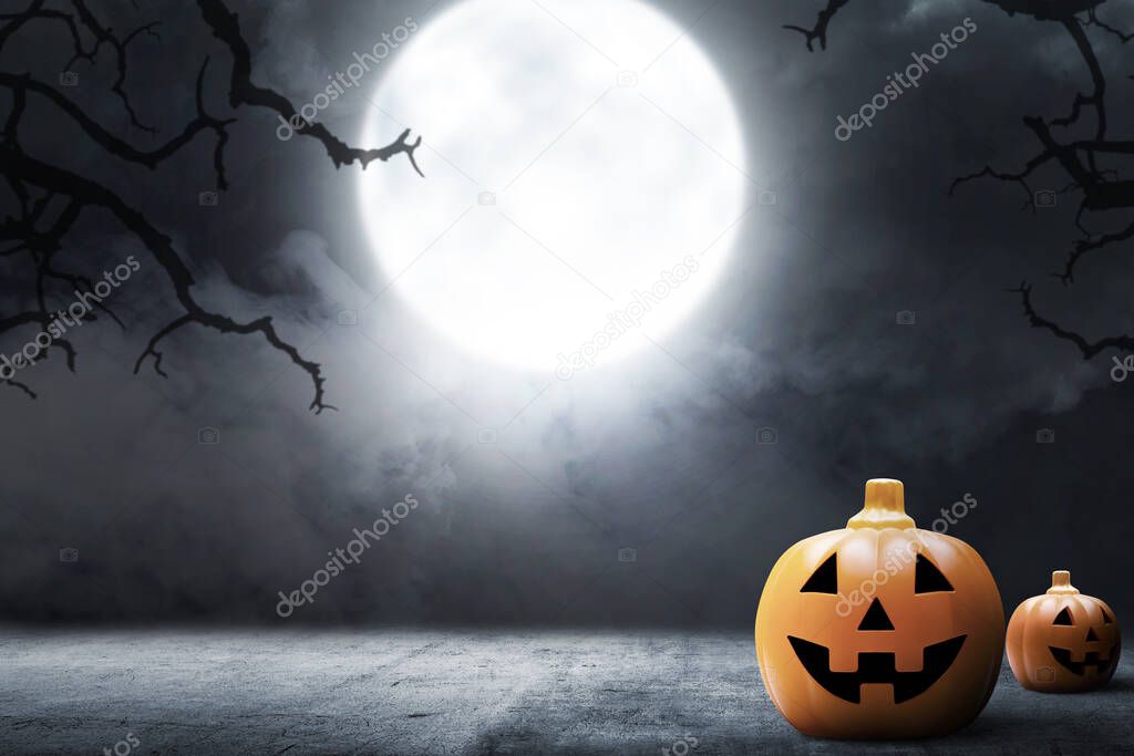 Jack-o-Lantern on the concrete floor with smoke and night scene background