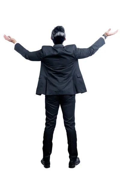 Rear View Asian Businessman Showing Empty Hand Isolated White Background — Stock Photo, Image