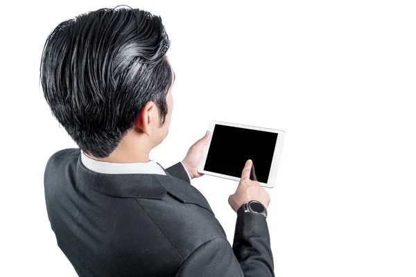 Vista Posteriore Dell Uomo Affari Asiatico Che Tiene Tablet Isolato — Foto Stock