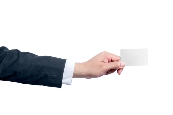 白い背景の上に手を隔離して空のカードを見せるビジネスマン — ストック写真