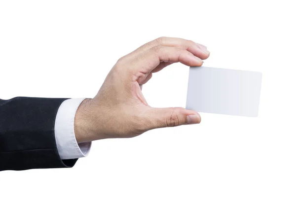Επιχειρηματίας Που Δείχνει Μια Άδεια Κάρτα Χέρι Του Απομονωμένο Λευκό — Φωτογραφία Αρχείου