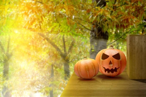 Jack Lantern Houten Tafel Met Een Bosachtergrond — Stockfoto