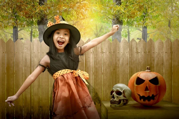 Asian Witch Little Girl Standing Wooden Fence Forest Background — Stock Photo, Image