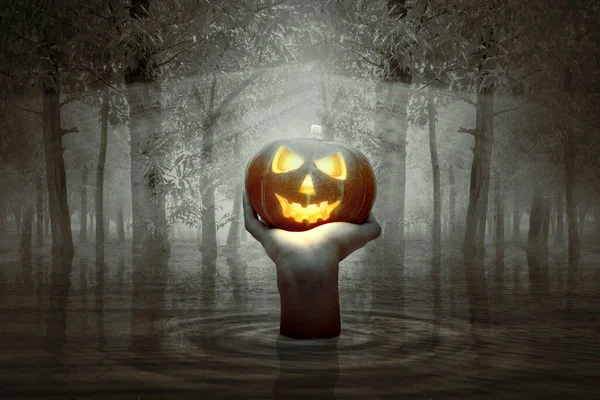 Hand Opgehaald Uit Het Water Jack Lantern Vasthoudend Het Spookbos — Stockfoto