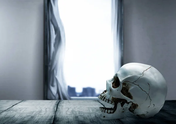 Human skull on the wooden table with an open window background