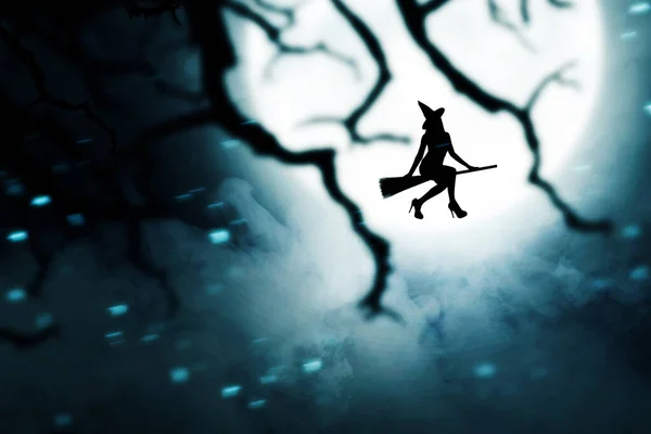 Silhouette Witch Woman Hat Flying Magic Broomstick Full Moon Background — Stock Photo, Image