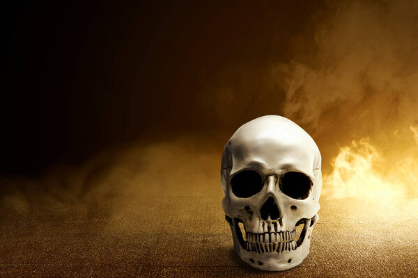 Human skull on the concrete floor with smoke and dark background