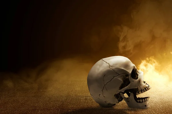 Calavera Humana Suelo Hormigón Con Humo Fondo Oscuro — Foto de Stock