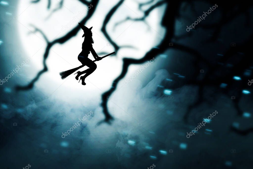 Silhouette of witch woman with a hat flying on a magic broomstick with a full moon background