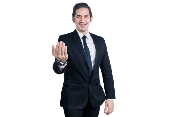 Asiatischer Geschäftsmann Mit Handbewegung Vor Weißem Hintergrund Isoliert — Stockfoto