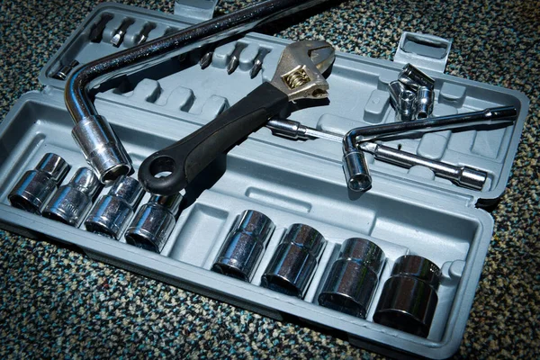 Set Wrench Opened Toolbox Carpet — Stock Photo, Image