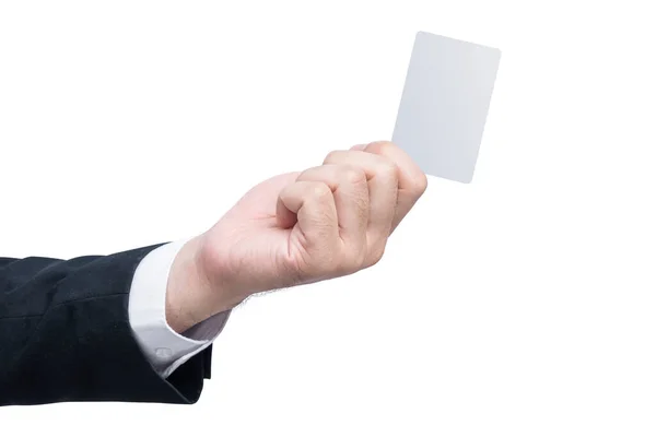 Geschäftsmann Zeigt Eine Leere Karte Mit Seiner Hand Isoliert Über — Stockfoto